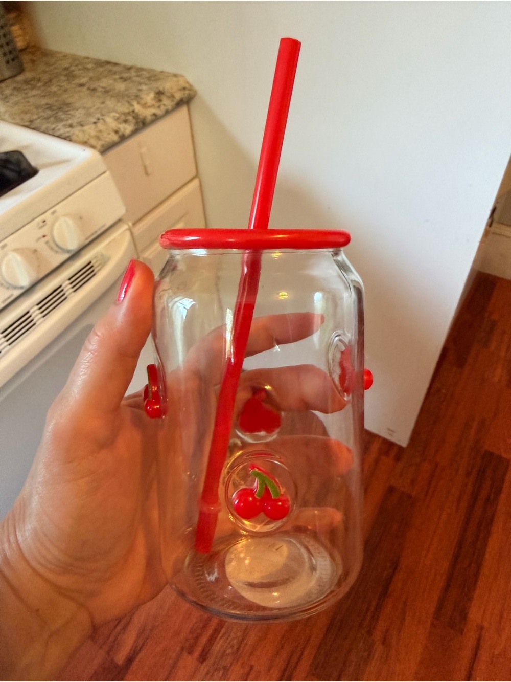 Clear Glass Cherry Tumbler with Red Lid & Straw